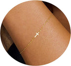 18K Gold Plated Pearl Beaded Chain Cross Bracelets for Women Adjustable Stainless Steel Dainty Thin Gold Box Cuban Twisted Link Chain Bracelet Bridesmaid Jewelry
