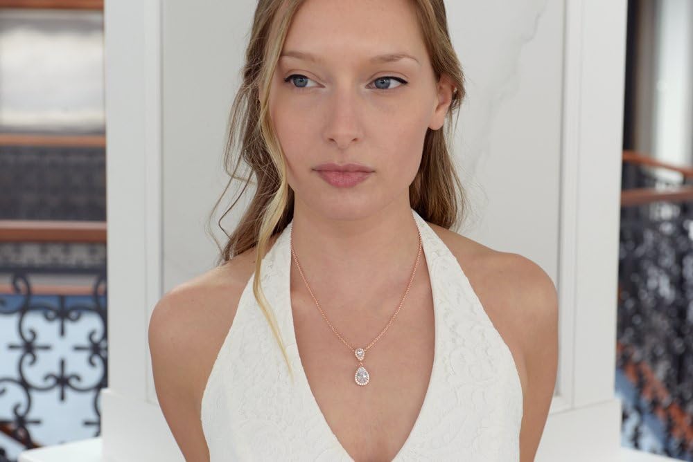 Mariell Rose Gold Cubic Zirconia Crystal Teardrop Bridal Wedding Pendant Necklace, Jewelry for Brides