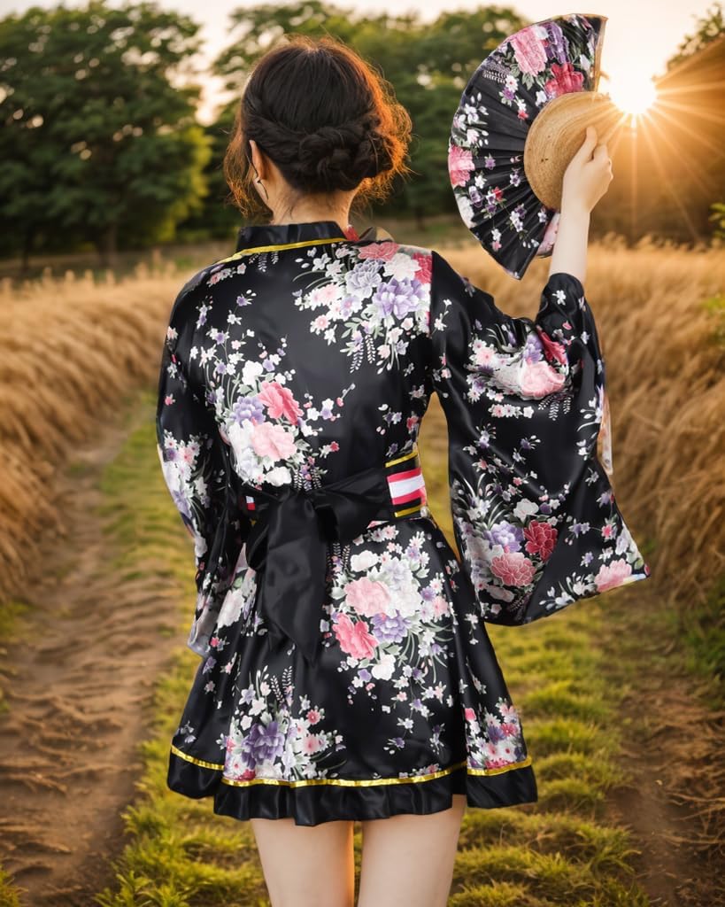 PLULON 5 Pcs Women's Japanese Kimono Robe Short Floral Print Kimono Dress Sexy Geisha Yukata Satin Bathrobe with Accessories