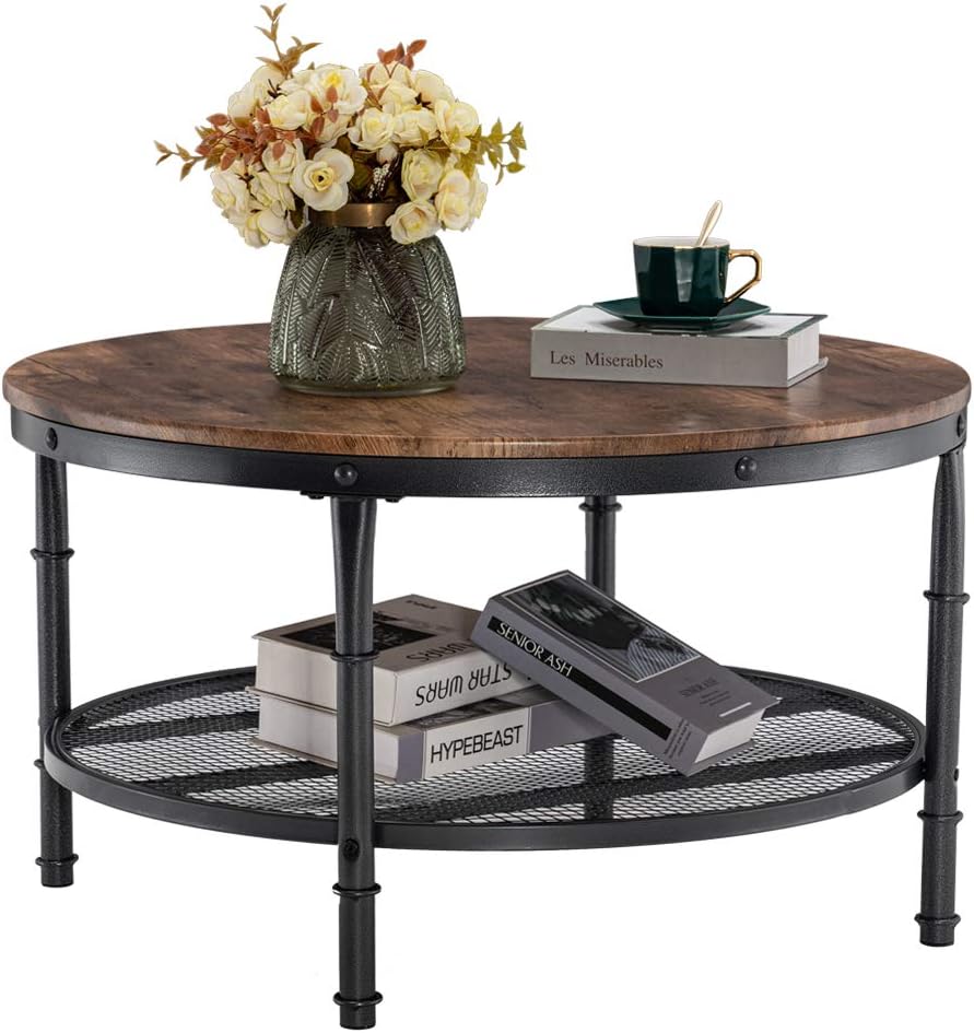 VINGLI Round Coffee Tables Living Room, 31.5" Round Coffee Table with Storage Round Wooden Coffee Table Round Farmhouse Coffee Table, Industrial Coffee Table Rustic Round Coffee Table with Metal Shelf