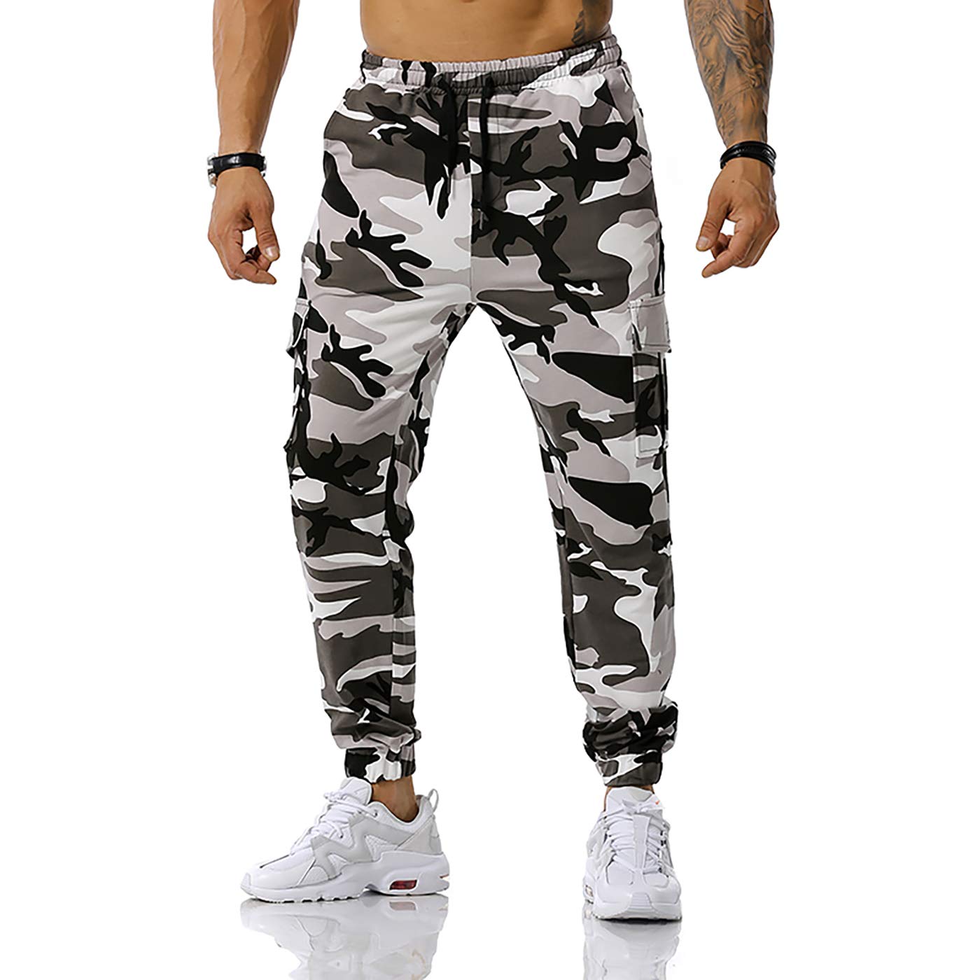 GRAJTCIN Mens Streetwear Elastic Waist Hiking Pants Lightweight Sports Sweatpants Casual Joggers Pant with Pockets Camo Cargo Work Pants for Men Fashion Grey M