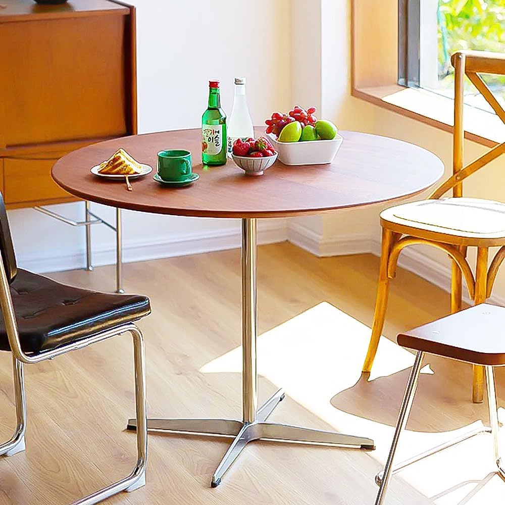 Dark Brown Round Solid Wood Dining Table Dining Furniture with Metal Crossed Base, 27.6" W Mid Century Modern Small Table Round for Office Small Coffee Table for 2-4