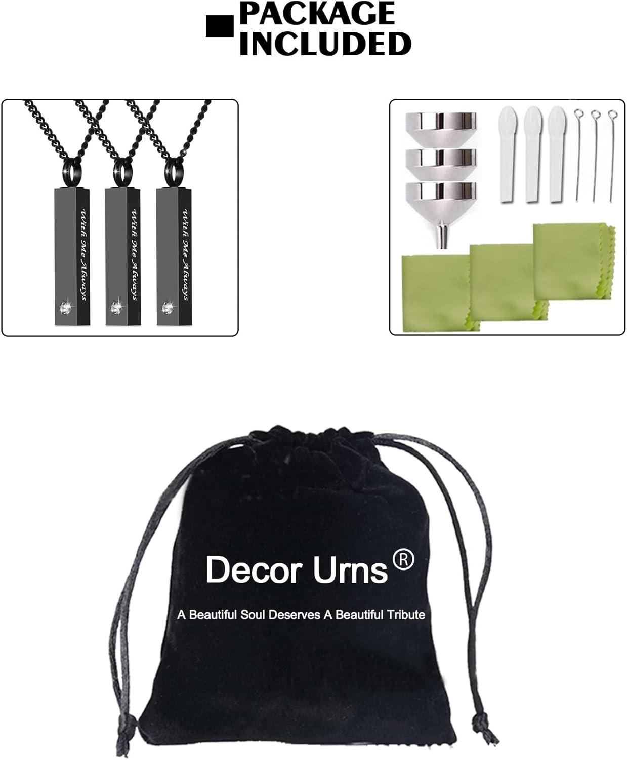 3 Pack Urn Necklace for Ashes Memorial Cremation Jewelry for Ashes, CZ Bar Urn Locket for Ashes Stainless Steel Urns Pendant Keepsake Jewelry with Words: With Me Always & Funnel Kit & Bag