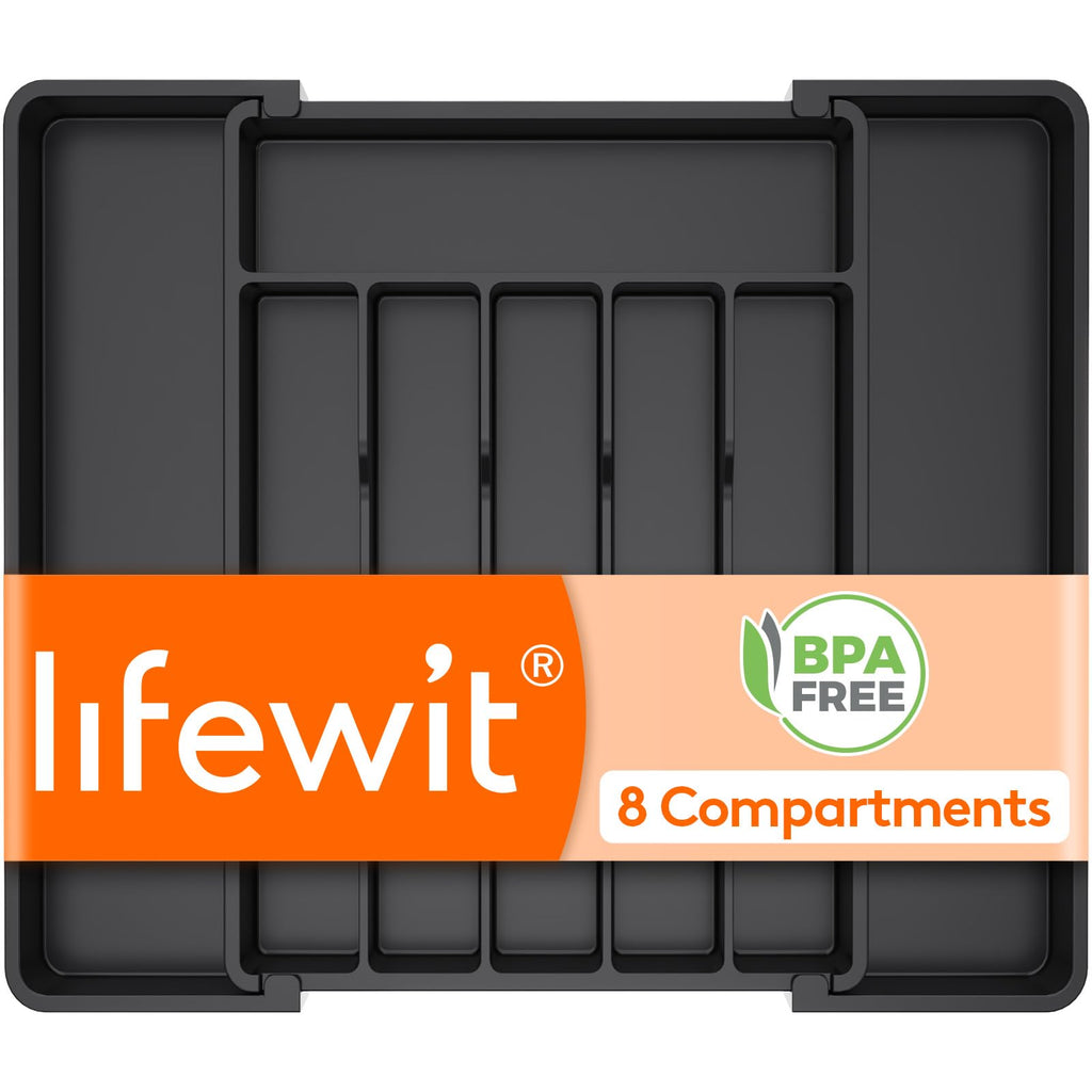 Lifewit Silverware Drawer Organizer, Expandable Utensil Tray for Kitchen, BPA Free Flatware and Cutlery Holder, Adjustable Plastic Storage for Spoons Forks Knives, 8.5-14 x 12", Black