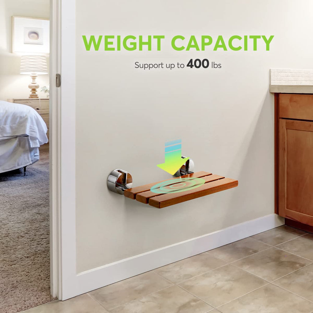 OasisSpace 20" Teak Folding Shower Seat Bench, Medical Wall Mounted Fold Down Shower Seat, 400 lbs Capacity, Teak Shower Bench for Inside Shower Foldable Bathroom Stool Seating Chair