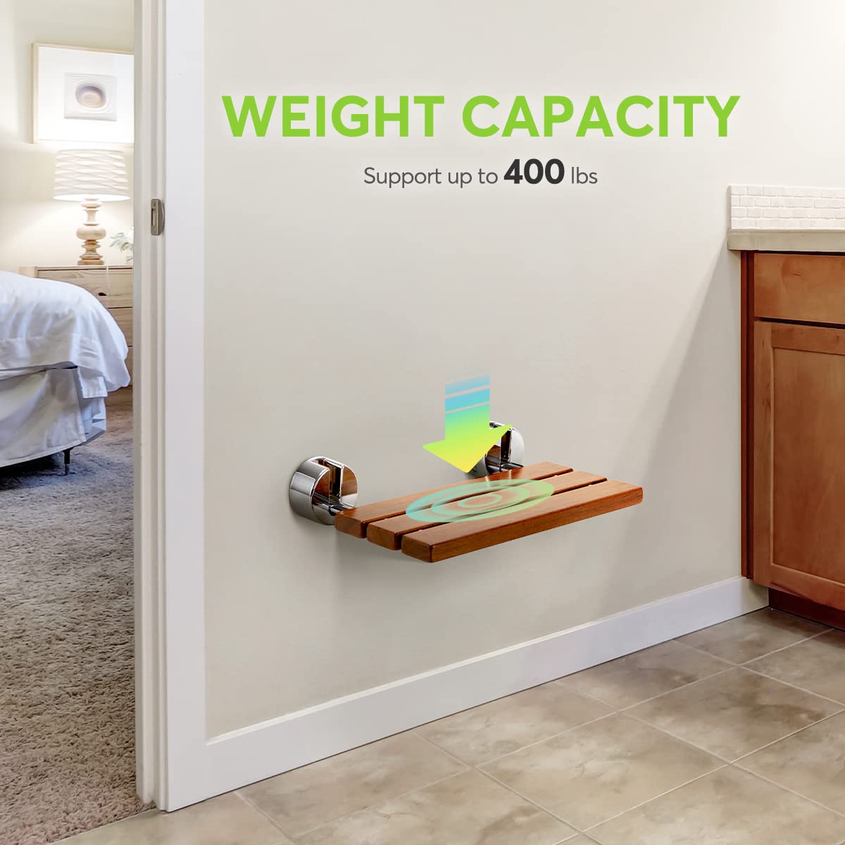 OasisSpace 20" Teak Folding Shower Seat Bench, Medical Wall Mounted Fold Down Shower Seat, 400 lbs Capacity, Teak Shower Bench for Inside Shower Foldable Bathroom Stool Seating Chair