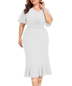 LALAGEN Plus Size Dress for Women Modest Short Sleeve Ruched Bodycon Mermaid Cocktail Midi Dresses White 3X-2
