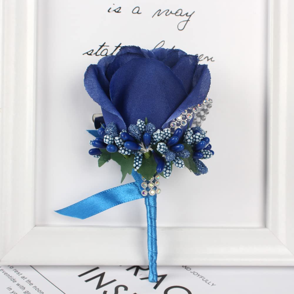 WANLIAN Rose Wrist Corsage Bridesmaid Corsage and Boutonniere Set for Wedding Prom Party Hand Flower Decoration Set of 2 (Blue)