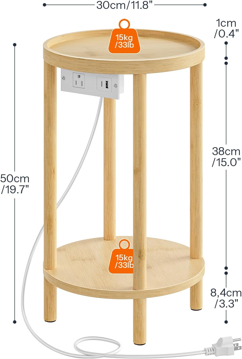HOOBRO Small Round Side Table with Charging Station, 2-Tier Round Bamboo End Table, Compact Sofa Bedside Table for Small Space, Easy Assembly, for Living Room, Bedroom, Apartment, Natural YL156UBZ01