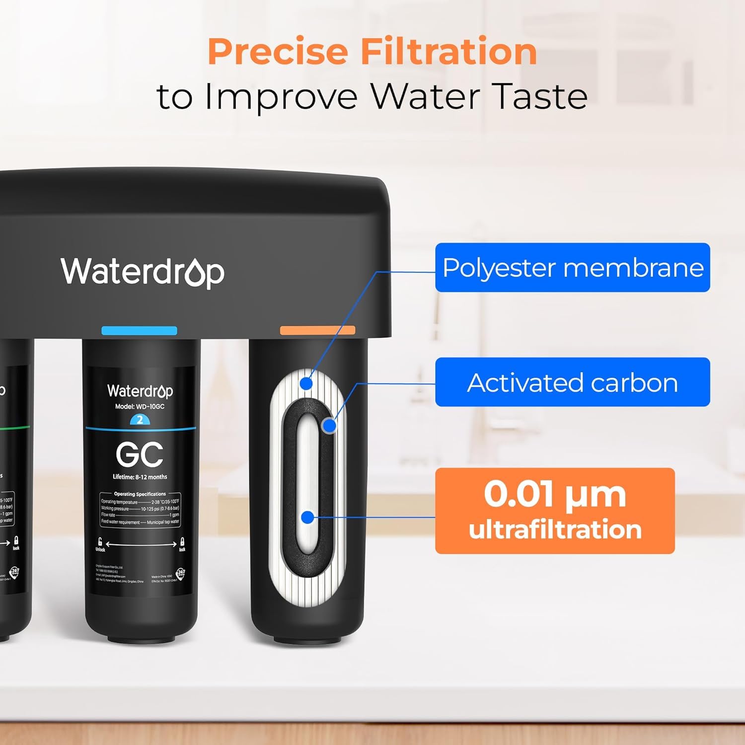 Waterdrop WD-TSA-UF 0.01 μm Ultra Filtration Under Sink Water Filter, Under Sink Water Filtration System 9 Stage Filtration, Reduces Chlorine, Taste and Odor, Fluoride, Advanced USA Tech