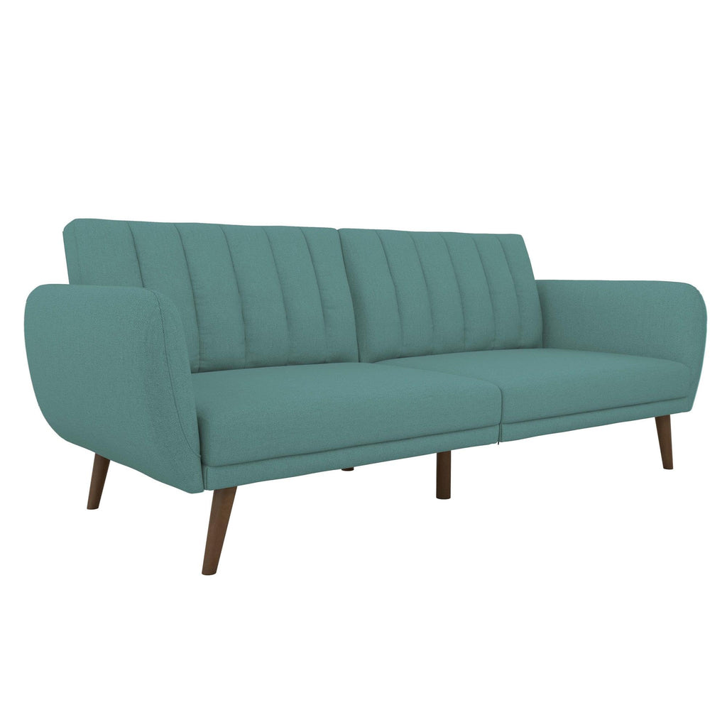 Novogratz Brittany 82 Inch Futon Sofa Bed in Faux Leather, Upholstered Couch Sleeper with Tufted Back, Mid-Century Modern Design, Green