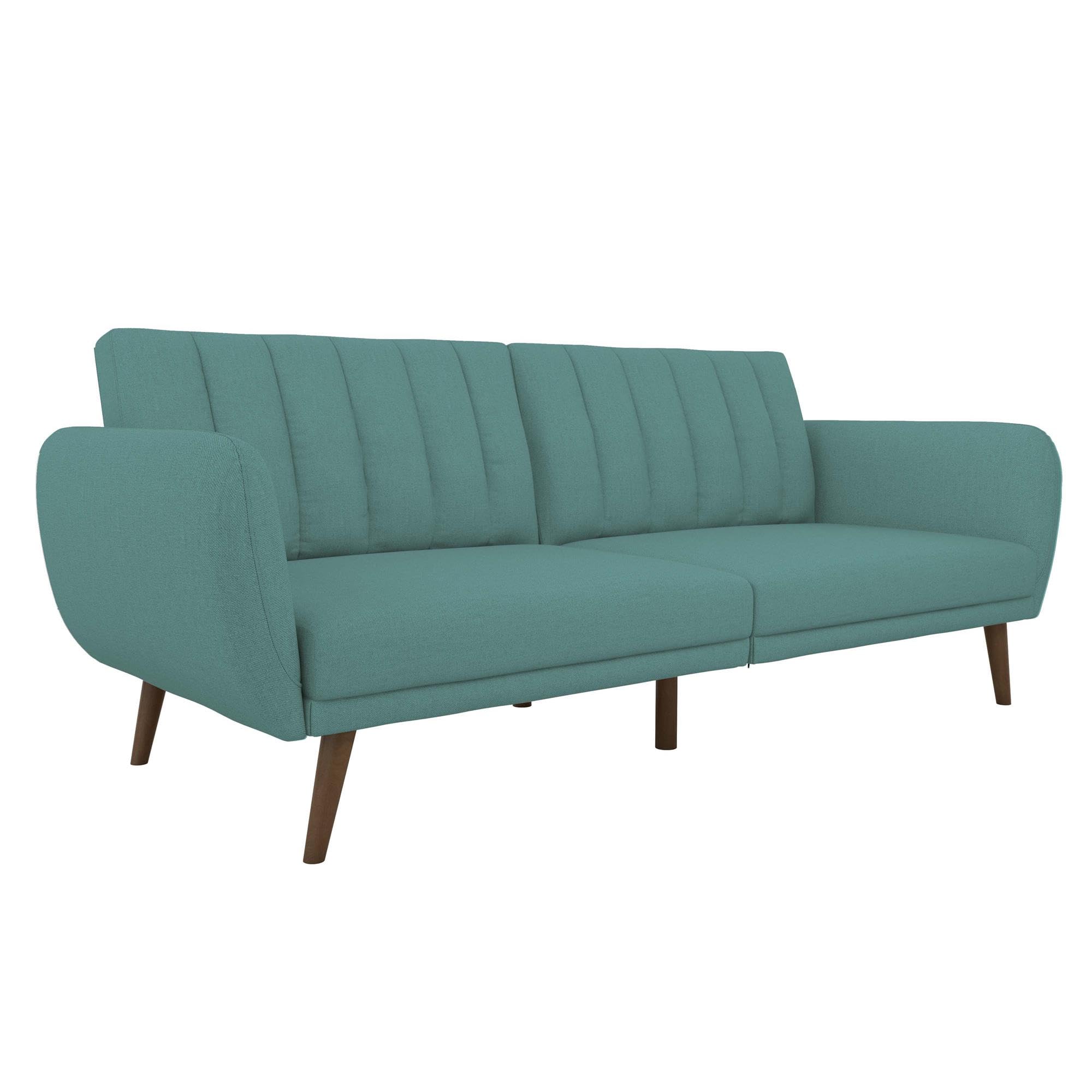 Novogratz Brittany 82 Inch Futon Sofa Bed in Faux Leather, Upholstered Couch Sleeper with Tufted Back, Mid-Century Modern Design, Green