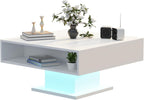 Square Lift Top Coffee Table with Storage, White Led Coffee Table for Living Room with Large Hidden Storage, 30.7" Wood Table Led Center Table for Dining Reception Room
