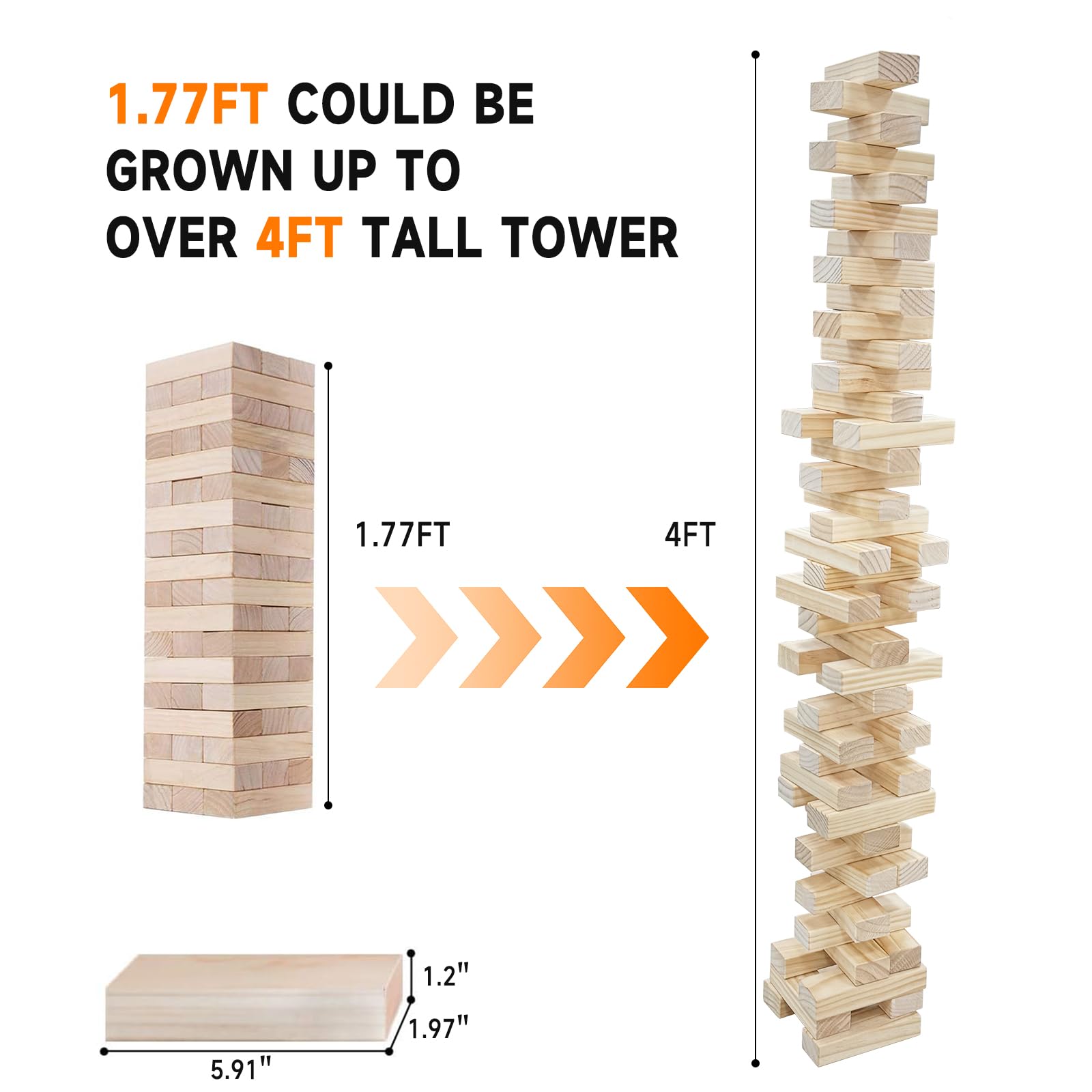 Nattork Giant Tumbling Tower (Stack from 1.77Ft to 4+ Ft), Wood Stacking Giant Blocks Game| Made from Premium Pine Wood| Ideal for Family, 54PCS