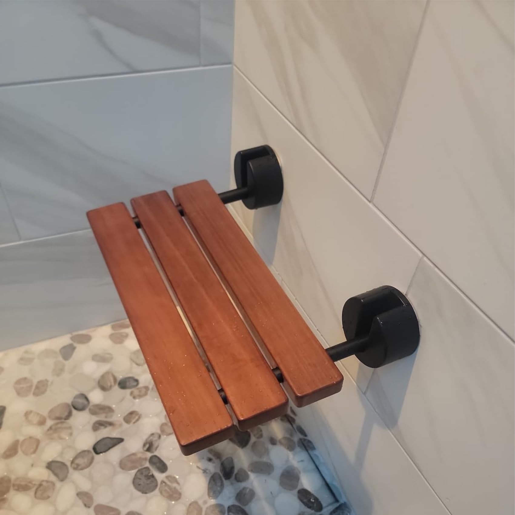 Aowoil 20" Folding Teak Shower Seat Wall Mounted - ADA Compliant Foldable Shower Bench, Natural Solid Teak, 300lb Capacity, Drainage Design - Bathroom Safety Stool for Elderly & Home Care