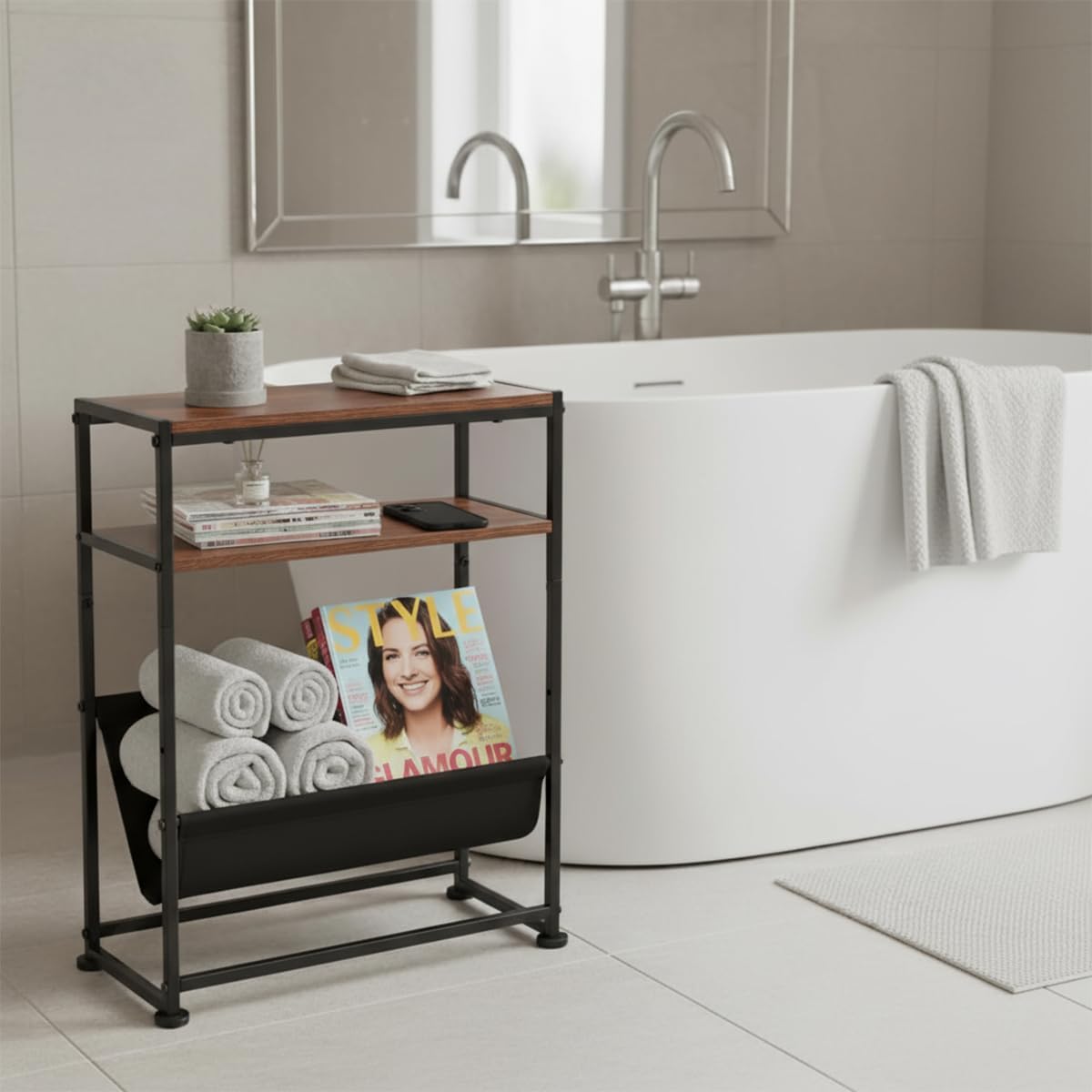 Narrow End Table for Small Spaces - Slim Side Table with Magazine Holder,2 in 1 Design Narrow Coffee Table Living Room,Skinny Bedroom Nightstand Thin Side Magazine Table,Rustic Brown