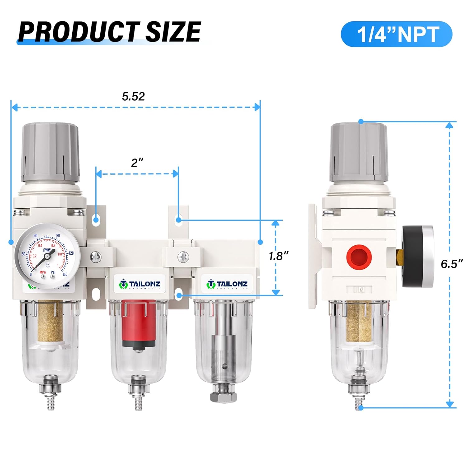 TAILONZ PNEUMATIC 0-150PSI 1/4 Inch NPT Grade 3 Stage Air Drying System, Particulate Filter, 5/0.01 Micron Filter Air Filter Pressure Regulator (Manual Drainage）