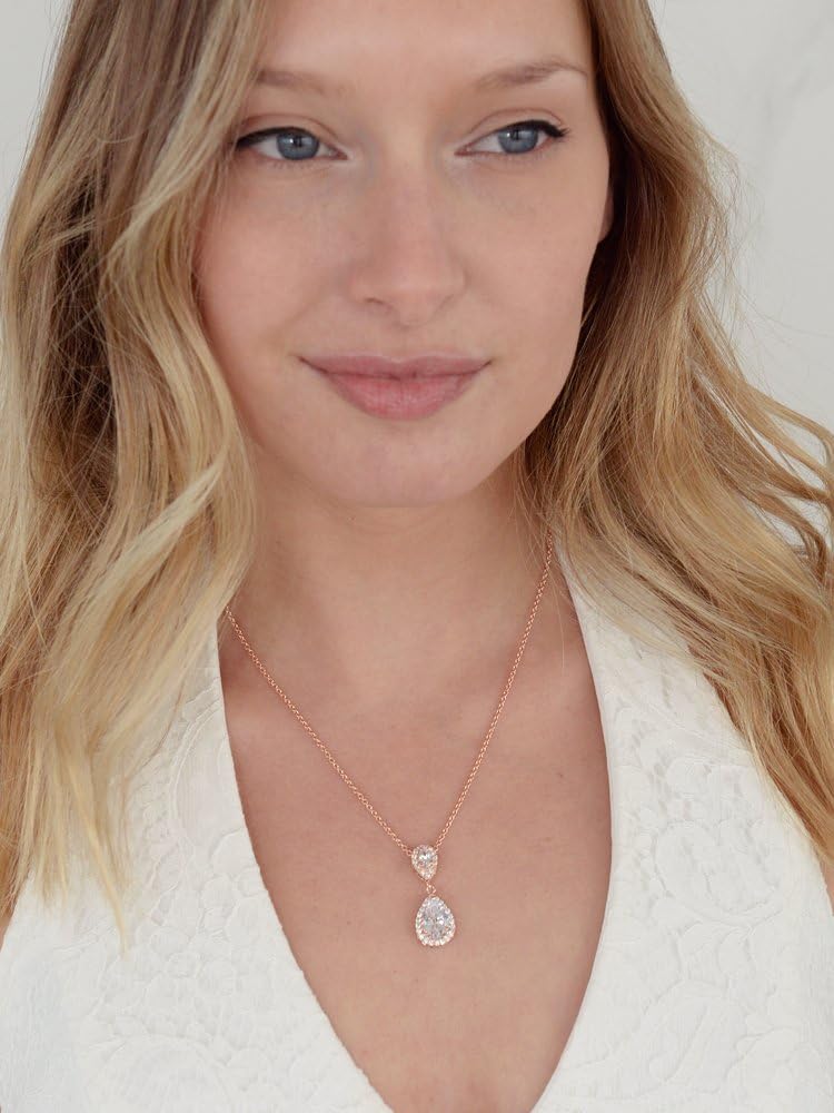 Mariell Rose Gold Cubic Zirconia Crystal Teardrop Bridal Wedding Pendant Necklace, Jewelry for Brides