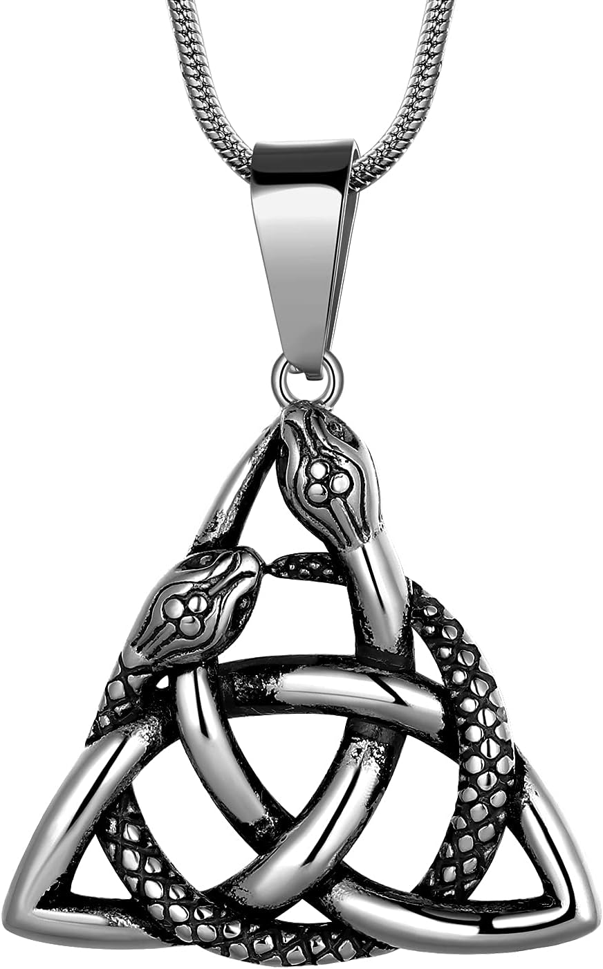 Celtic Knot Necklace Viking Pendant - Celtic Norse Triple Odin Horns Crescent Moon of Oden Horn Necklace Mens 316L Stainless Steel Triskelion Amulet Pewter Tribal Protection Viking Triskele Jewelry