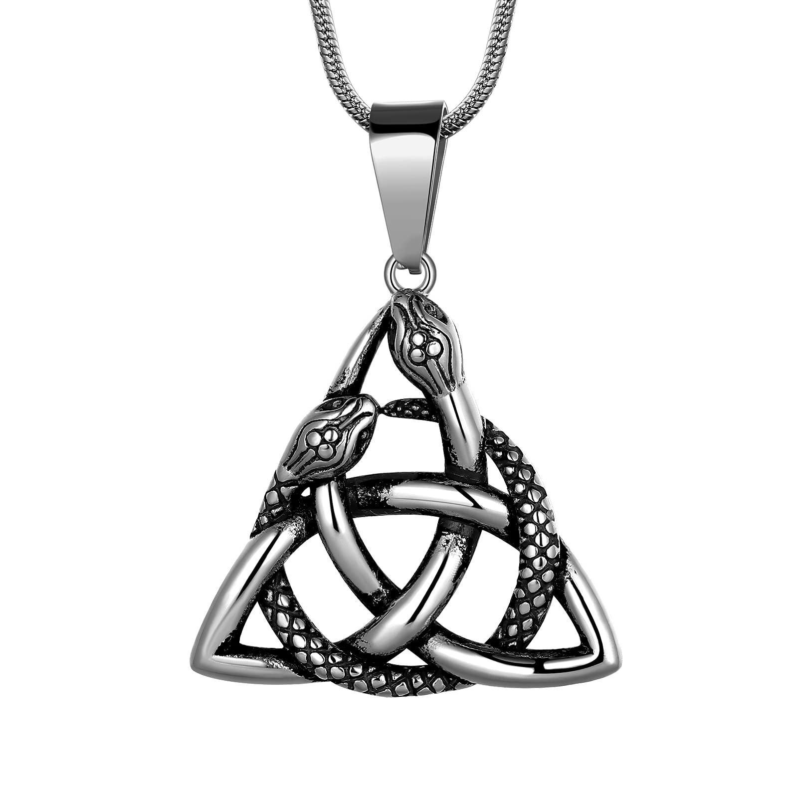 Celtic Knot Necklace Viking Pendant - Celtic Norse Triple Odin Horns Crescent Moon of Oden Horn Necklace Mens 316L Stainless Steel Triskelion Amulet Pewter Tribal Protection Viking Triskele Jewelry