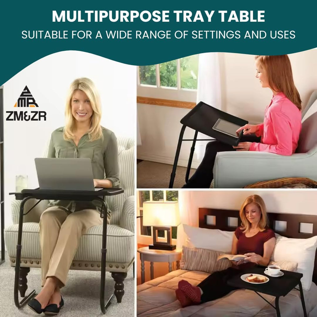 ZM&ZR TV Tray – 6 Adjustable Height Levels & 3 Tilt Angles – Foldable Multipurpose Snack Table with Retractable Cup Holder – Slide Under Sofa or Bed – Portable Laptop, Dinner & Coffee Table