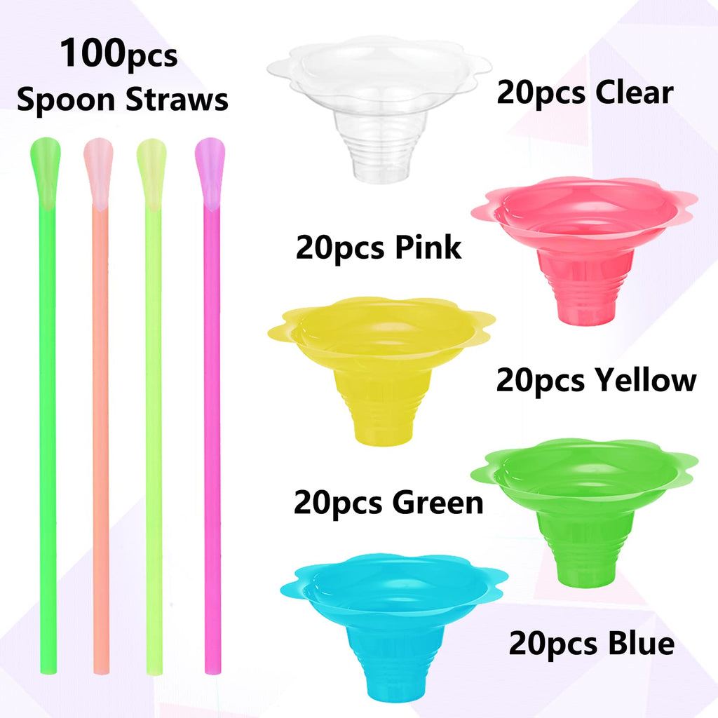 Adodotoe Snow Cone Cups, 100 pcs Shaved Ice Cups and 100 pcs Spoon Straws Snow Cone Bowls Ice Cream Bowls Flower Drip Cups for Birthday Party Summer Cookout,4 oz…