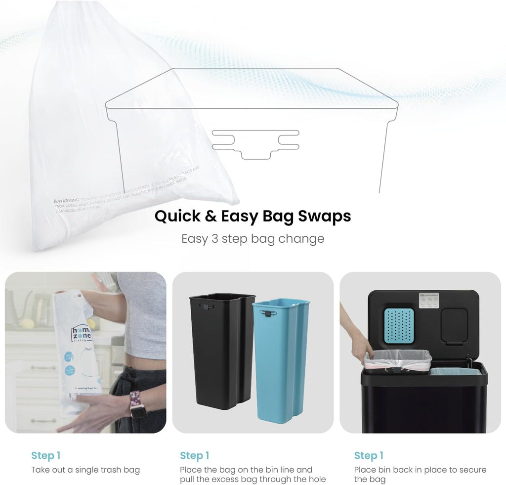 Home Zone Living 19 Gallon Kitchen Trash Can with Dual Compartments for Recycling, CleanAura Odor Control, Stainless Steel, Matte Black, 70 Liters Total