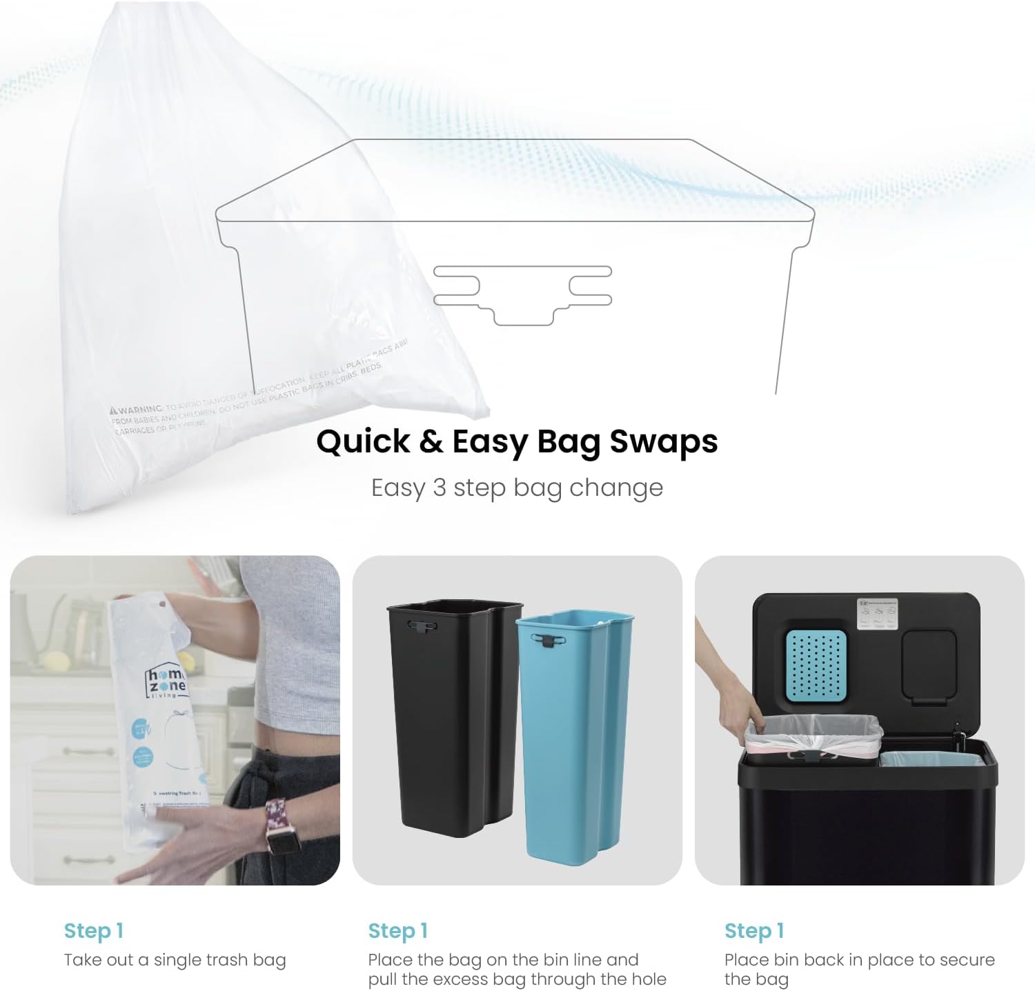 Home Zone Living 19 Gallon Kitchen Trash Can with Dual Compartments for Recycling, CleanAura Odor Control, Stainless Steel, Matte Black, 70 Liters Total