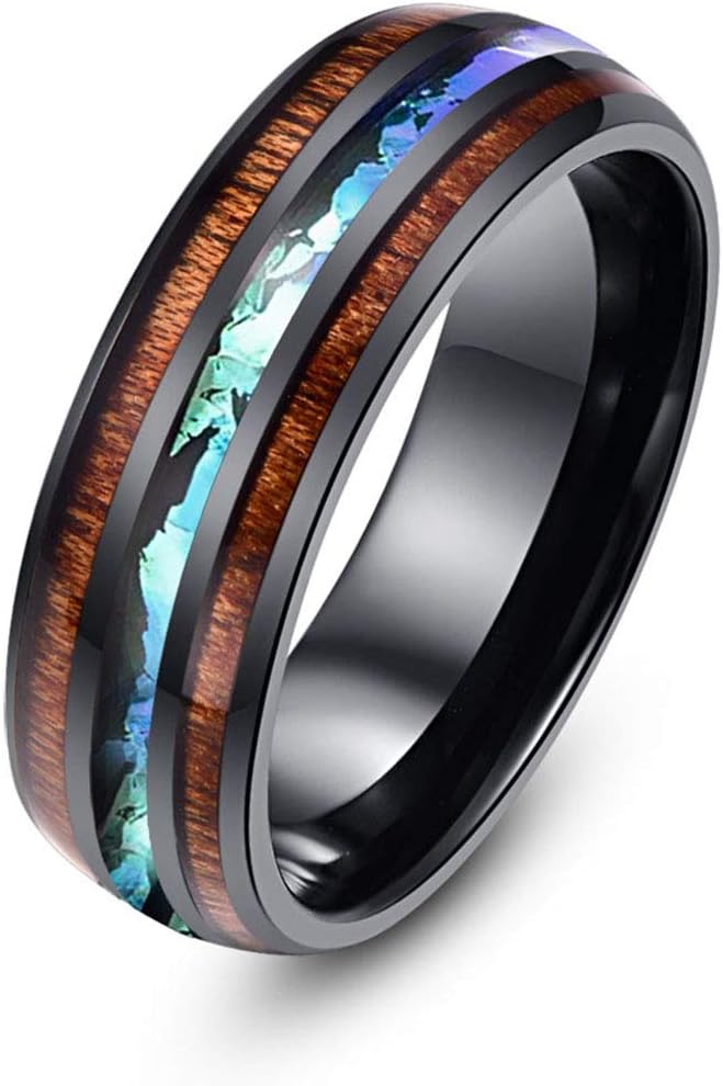 8mm Hawaiian Koa Wood and Abalone Shell Stainless Steel Rings Wedding Bands for Men Comfort Fit