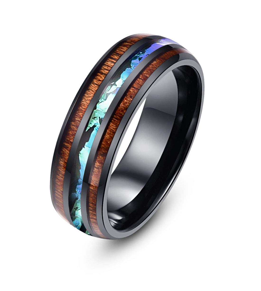 8mm Hawaiian Koa Wood and Abalone Shell Stainless Steel Rings Wedding Bands for Men Comfort Fit