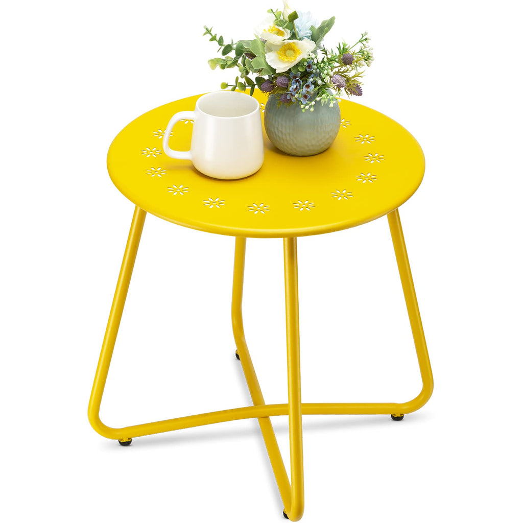 danpinera Outdoor Side Tables with Flower Cut Outs, Weather Resistant Steel Patio Side Table, Small Round Outdoor End Table Metal Side Table for Patio Yard Balcony Garden Navy Blue
