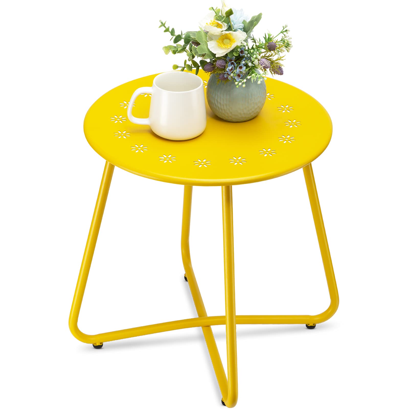 danpinera Outdoor Side Tables with Flower Cut Outs, Weather Resistant Steel Patio Side Table, Small Round Outdoor End Table Metal Side Table for Patio Yard Balcony Garden Navy Blue