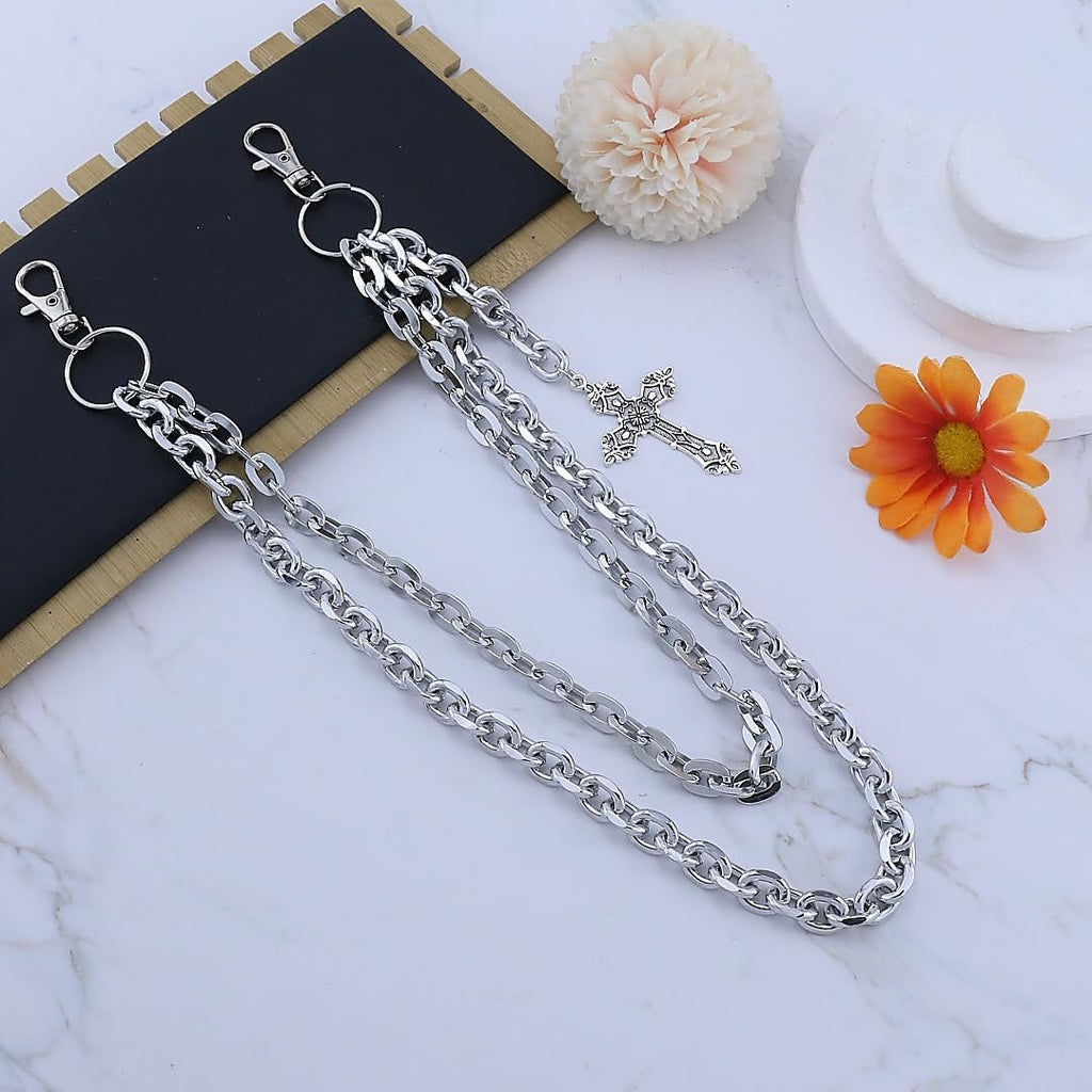 ANGLEQUEEN Chaînes de portefeuille à couches punk pour hommes et femmes Argent Croix Gland Chaîne de portefeuille Chaîne de poche Hip Hop Bijoux gothiques Chaînes de jean pour hommes (style6)