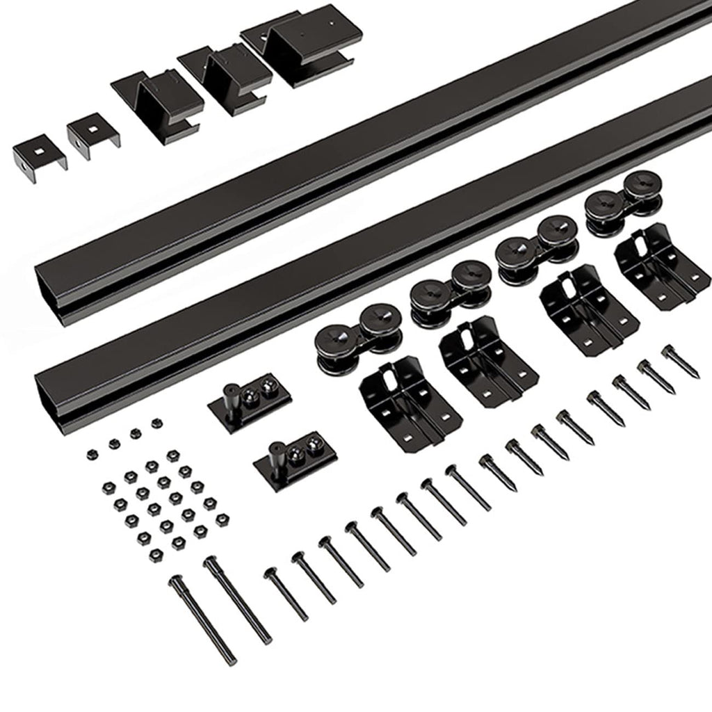 SMARTSMITH 8FT Box Rail Hardware Heavy Duty Steel Sliding Barn Door Track, Wall Mount Kit, Fit Indoor and Exterior Door, Smoothly and Quietly Easy to Install Double Door