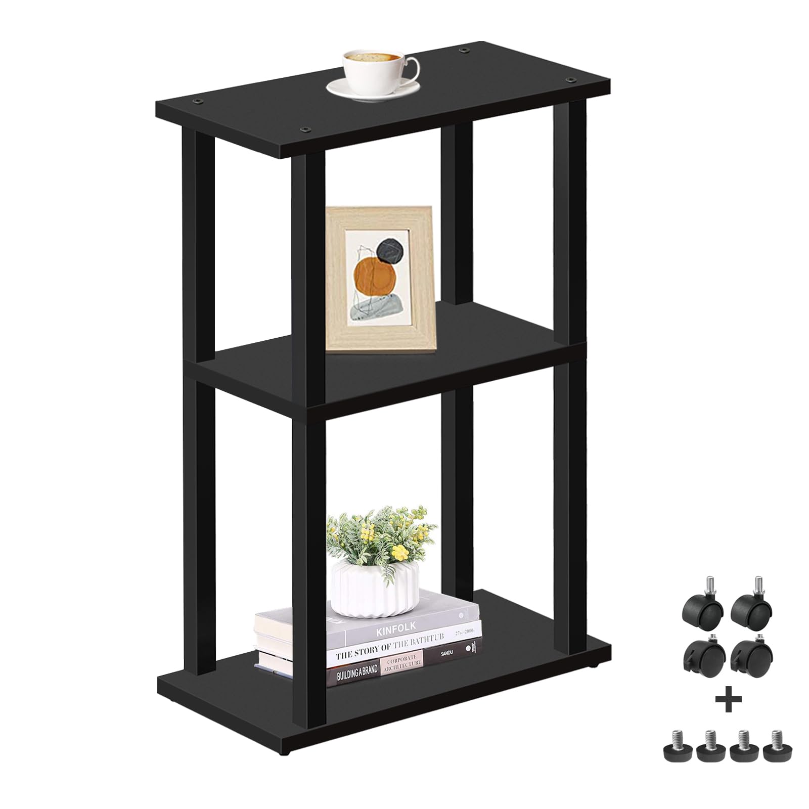 TUTOTAK Small Narrow Side Table with Charging Station, Skinny End Table for Small Spaces, Slim Nightstand with USB Ports and Outlet, Sofa Beside Table with Wheels, Brown TB01BB046