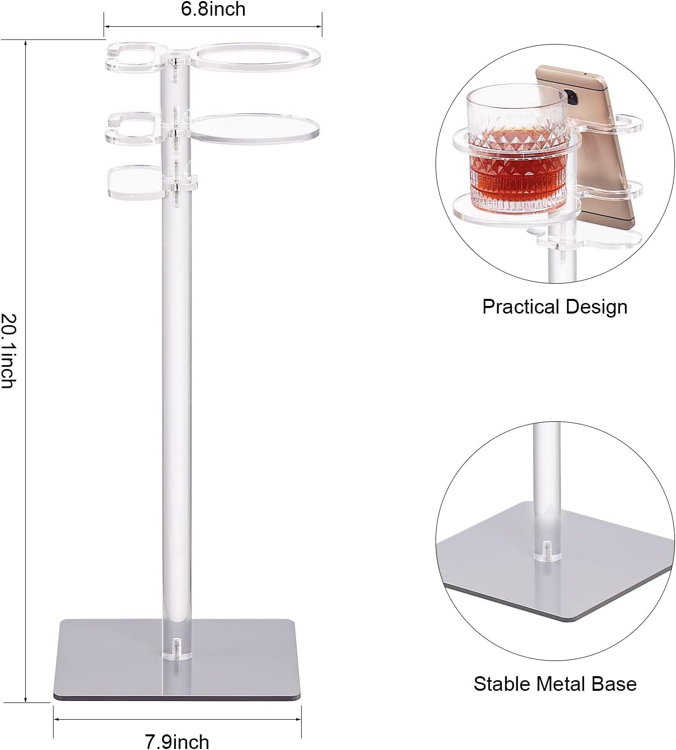 Aquiver Acrylic Drink Table for Small Space - Sofa Side Table for Drinks, Remotes, Phones - Metal Base, 7.9'' L x 7.9'' W x 20.1'' H