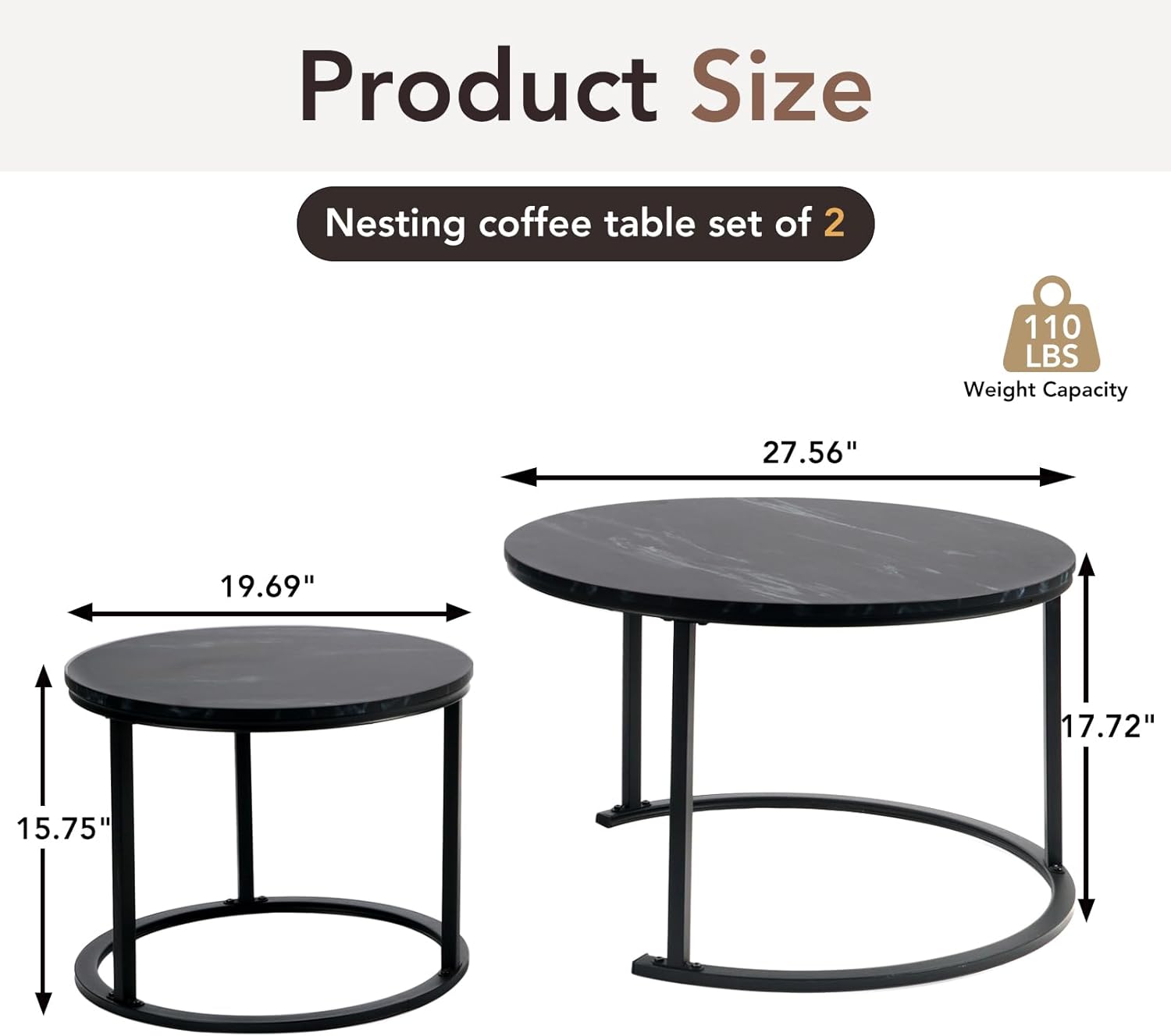EUROSAKURA Nesting Round Small Coffee Table Place 2 Sets for Living Room Bedroom Apartment Small Rounder Coffee Table Sturdy Stacking Side Tables,Easy Assembly(Black)