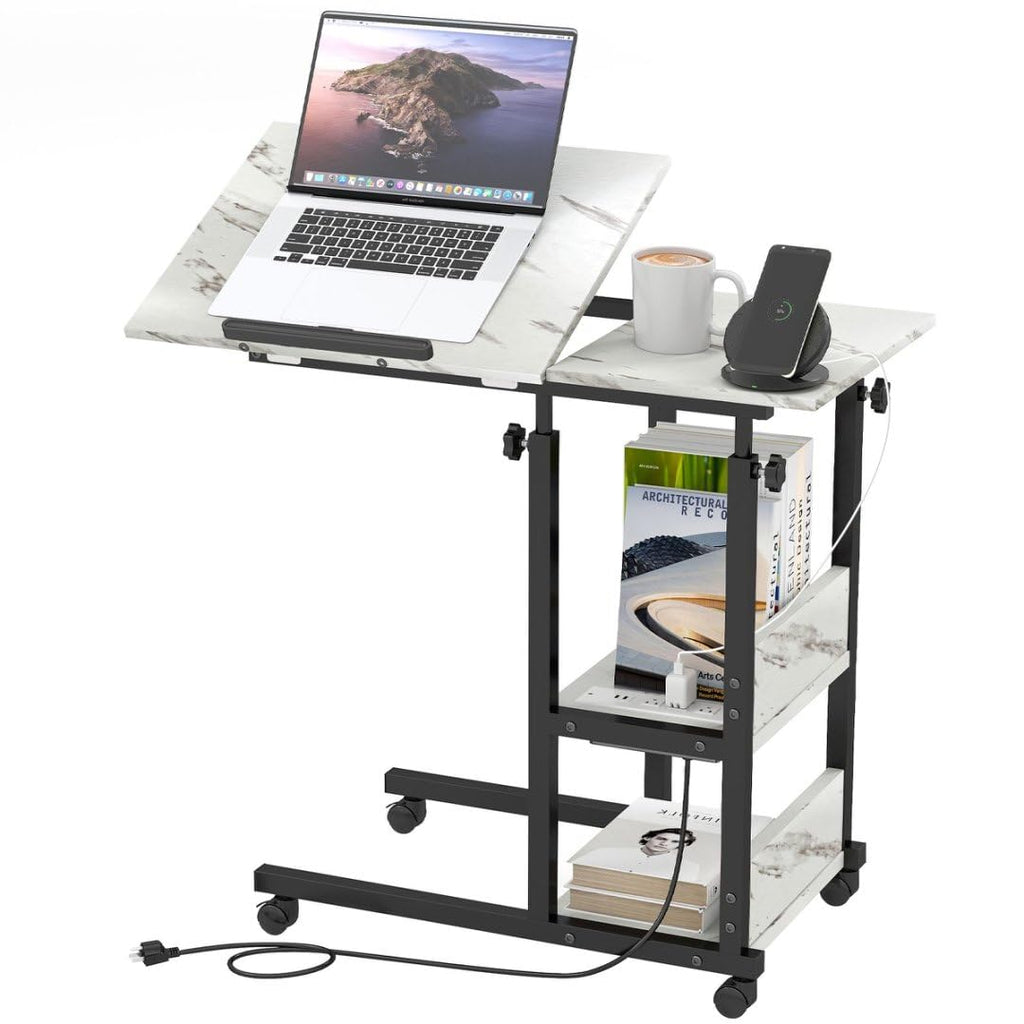 Hadulcet C Shaped Side Table Adjustable, Height Adjustable C Table with Wheels and Storage Shelves for Couch Bed Recliner Dark Grey