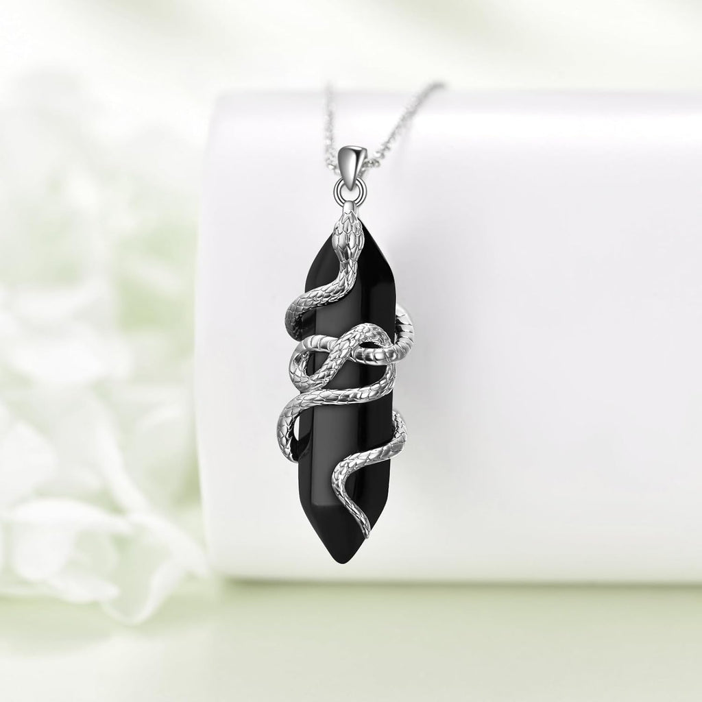 Snake Necklace Sterling Silver Black Tourmaline Snake Pendant Animals Jewelry Gifts for Women Men