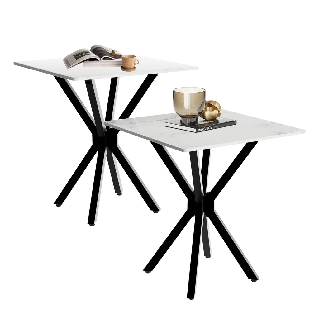 Round Marble Side Table Set of 2, Modern Style End Table with Sintered Stone Top and Black Metal Legs, Small Sofa Coffee Table for Living Room Bedroom (White, 20" x 20 "x 22")