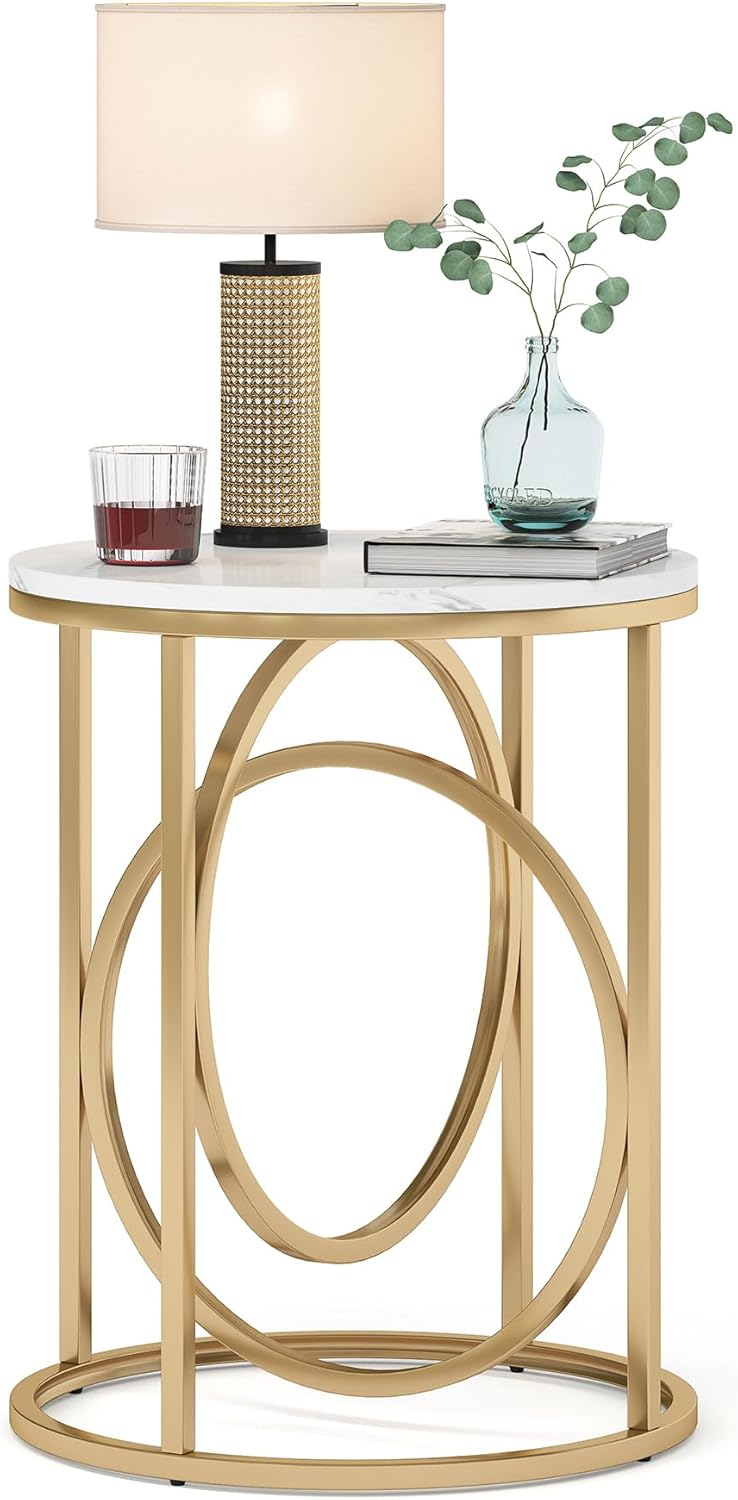 LITTLE TREE 20” Round End Table，Modern Sofa Side Table with Gold O-Shaped Base, Faux Marble White Cocktail Table Accent Table Nightstand for Living Room Bedroom