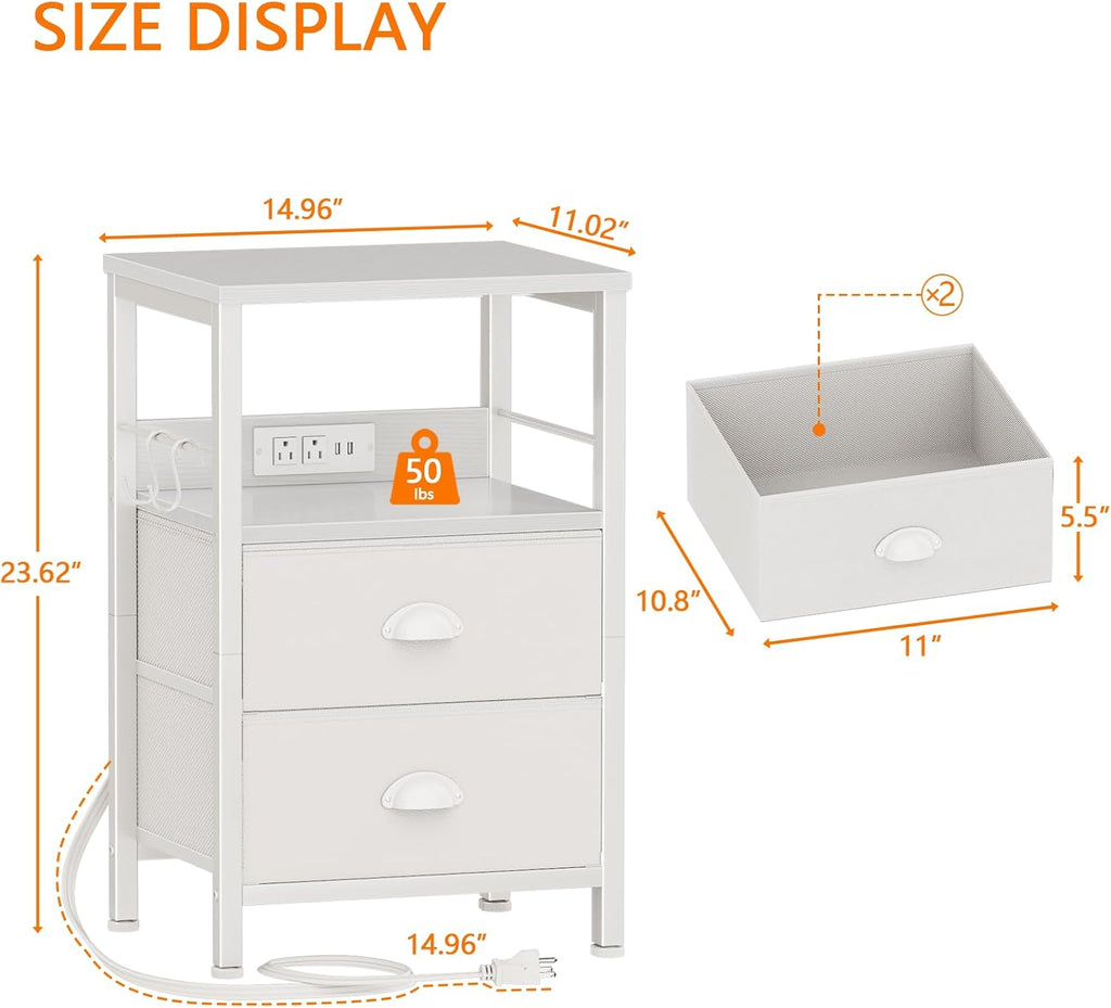 Furologee End Table with Charging Station, Nightstand with Fabric Drawers, Side Tables with USB Ports & Outlets, Night Stand with Storage Shelf & Hooks, for Living Room/Bedroom, White