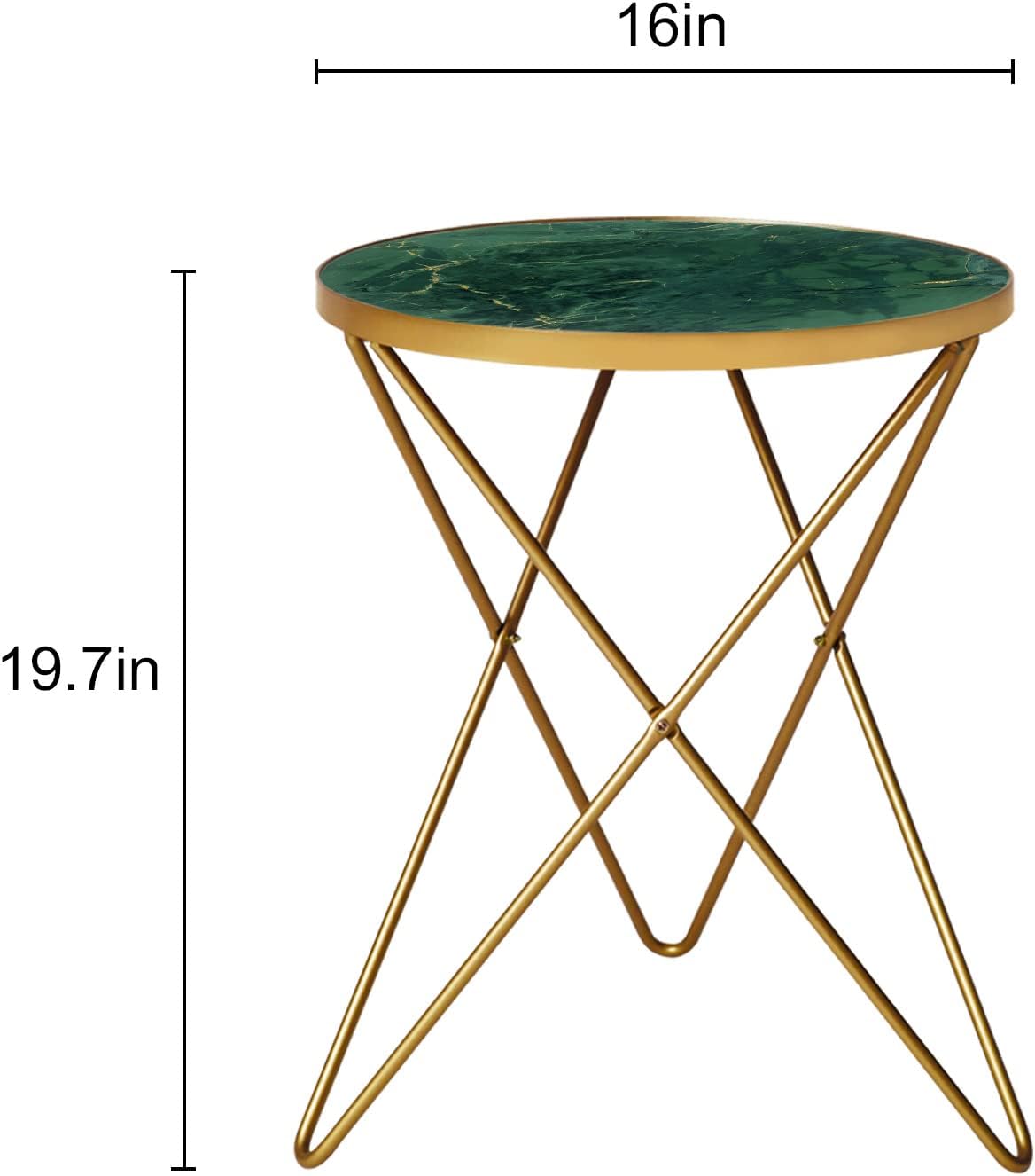 HLR Modern Round Side Table, End Table with Marble Effect Top and Gold Metal Frame, Small Side Table for Living Room, Bedroom, Sofa and Couch, Gold Legs, Green Marble top