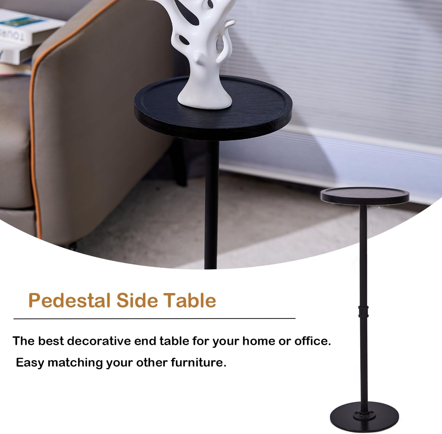 Tall Side Table, Small Round Side Tables, Drink Stand Pedestal Side Table, Accent Martini Coffee Tables, Corner Sofa Bedside End Table for Small Space, Living Room, Bedroom, Black