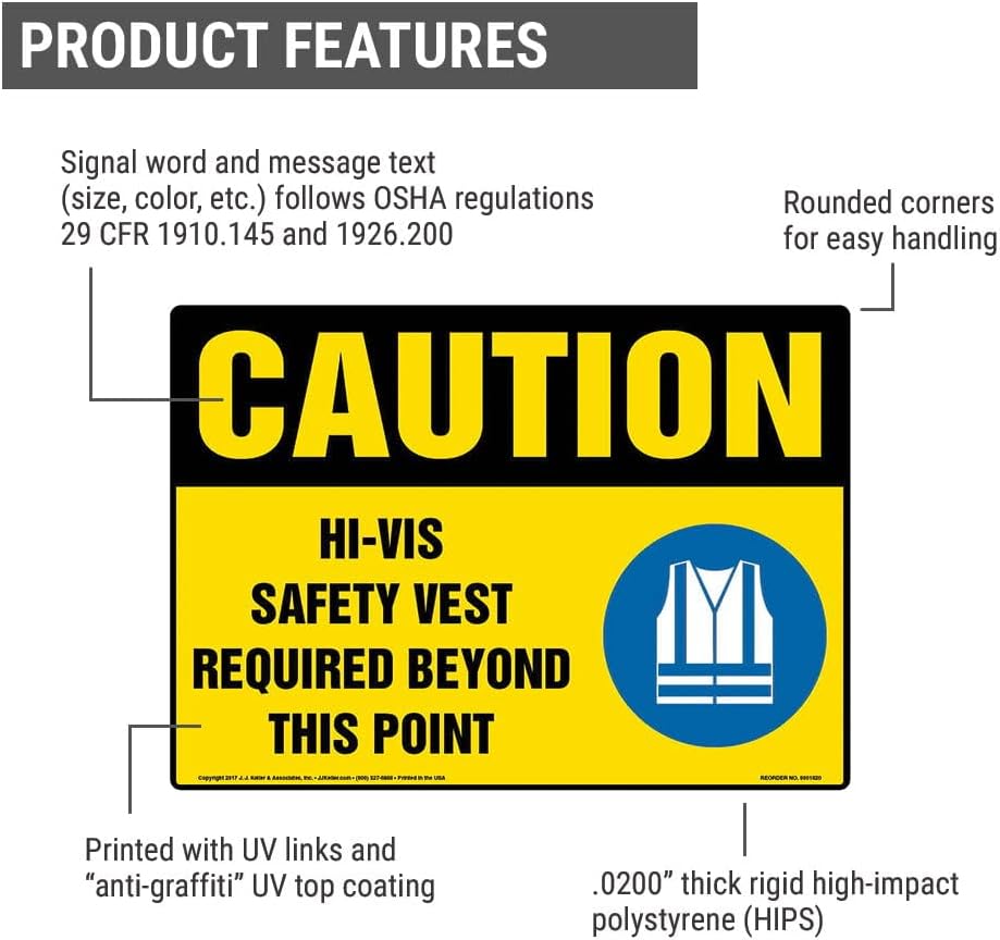 Caution: Hi-Vis Safety VEST Required Beyond This Point Sign - 14" x 10" Plastic with Rounded Corners for Indoor Use, OSHA Compliant, J. J. Keller & Associates, Inc.