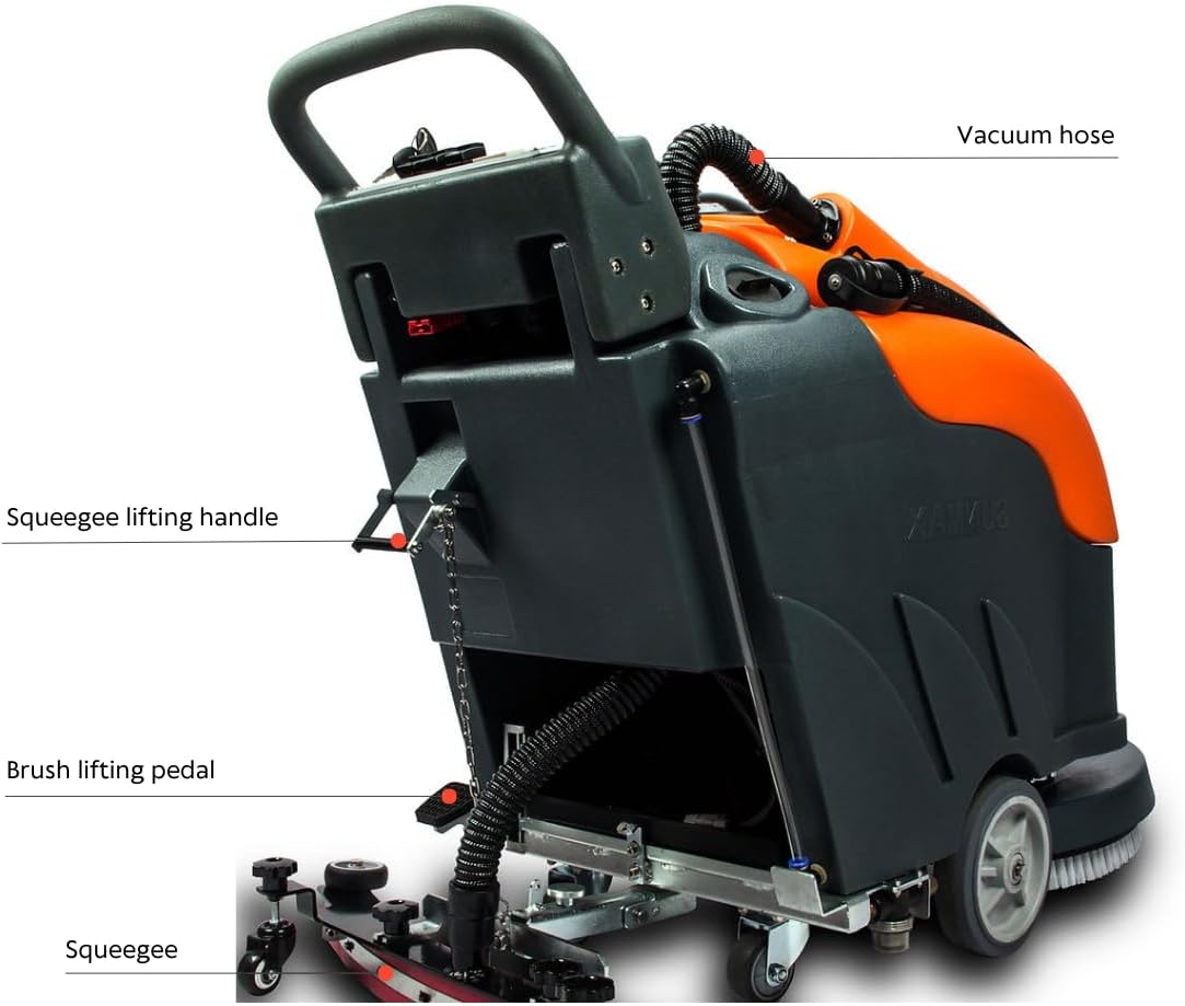 SUNMAX Walk-behind Floor Scrubber Dryer with 22" Scrub Path, 14.5-Gal Recovery Tank, Includes Heavy Duty Brush, Red, Black and White Pads, 30000 Sqft/h