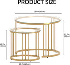 Garden 4 you Nesting Coffee Table, 23.6" Round Coffee Table Set of 2, Glass Nesting Table with Metal Frame, Ceter Tables for Living Room Bedroom Balcony, Gold