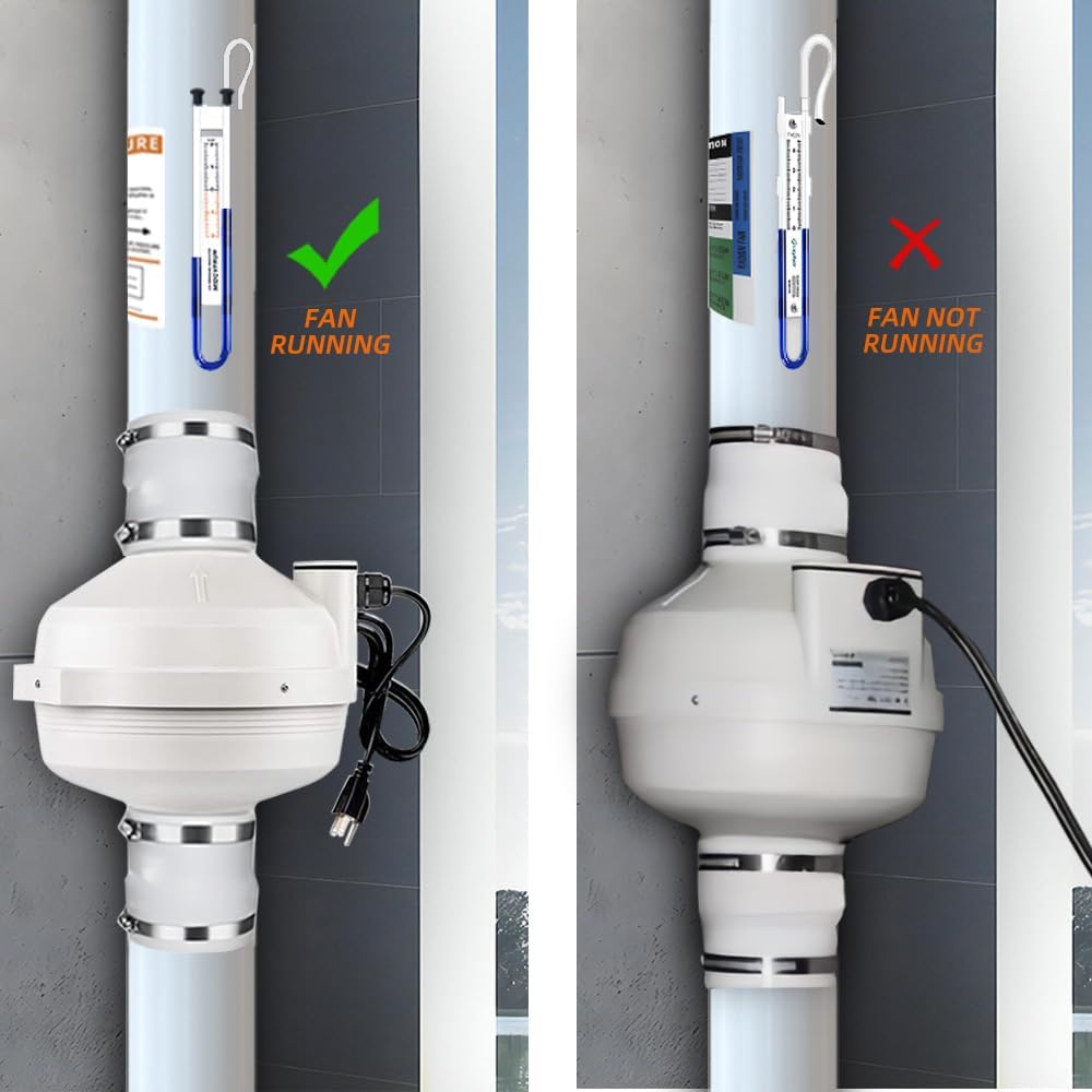 4 inch Radon Fan Installation Kit -Inline Centrifugal Fan with Rubber Couplers (4 inch x 3 inch) and Air Pressure Indicator