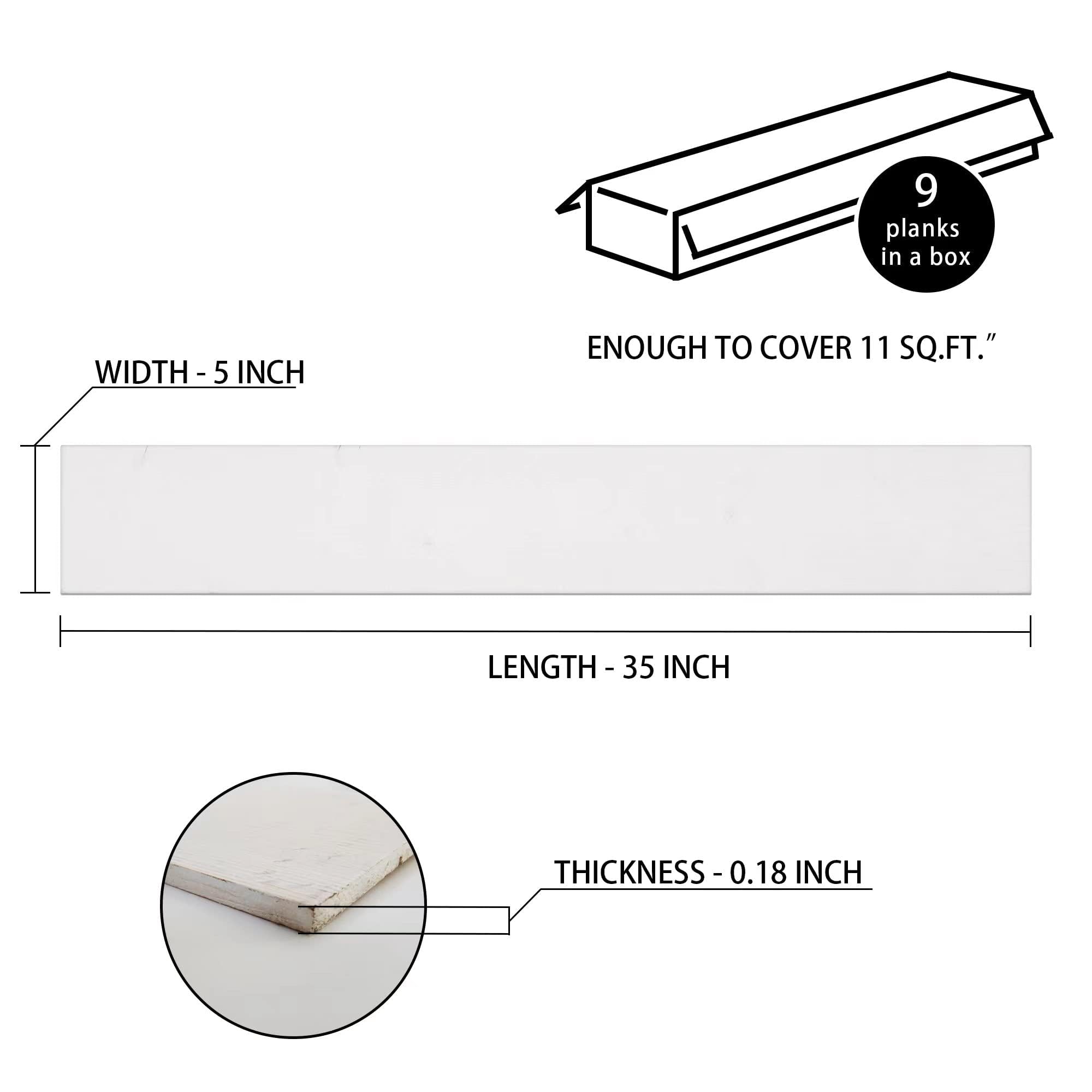 KASARO 9-Piece Peel and Stick Wood Panels for Interior Wall Decor, Long Real Wood Solid Shiplap Accent Adhesive Planks for DIY Project, 11 sq. ft, White, 5" x 35"