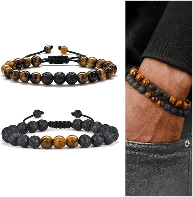 M MOOHAM Natural Stone Bracelets for Men - 8mm Tiger Eye, Matte Agate, Lava Rock - Teen Boys Gifts for Birthday, Anniversary, Christmas